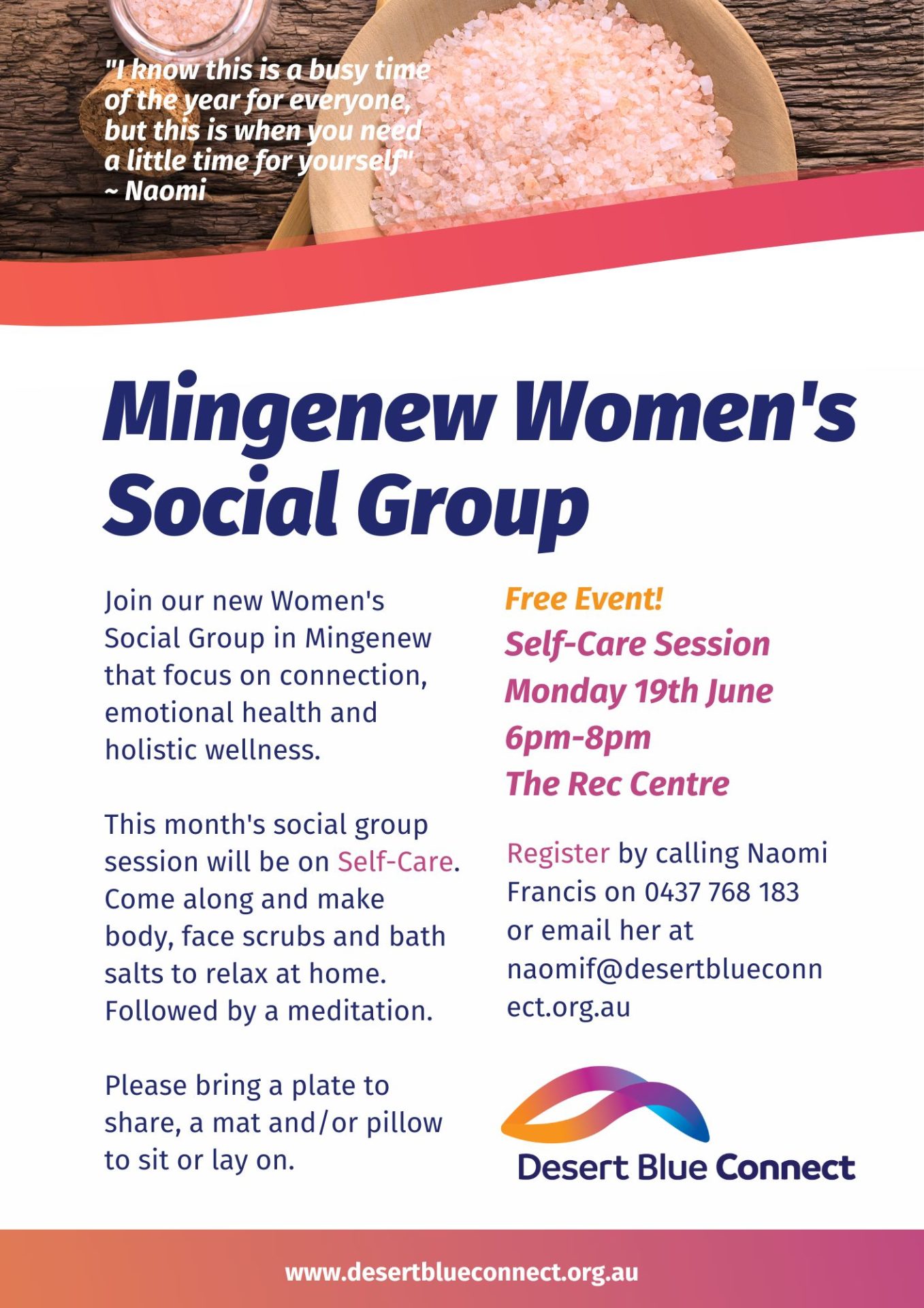 Mingenew Women’s Social Group: Self Care Session | Desert Blue Connect